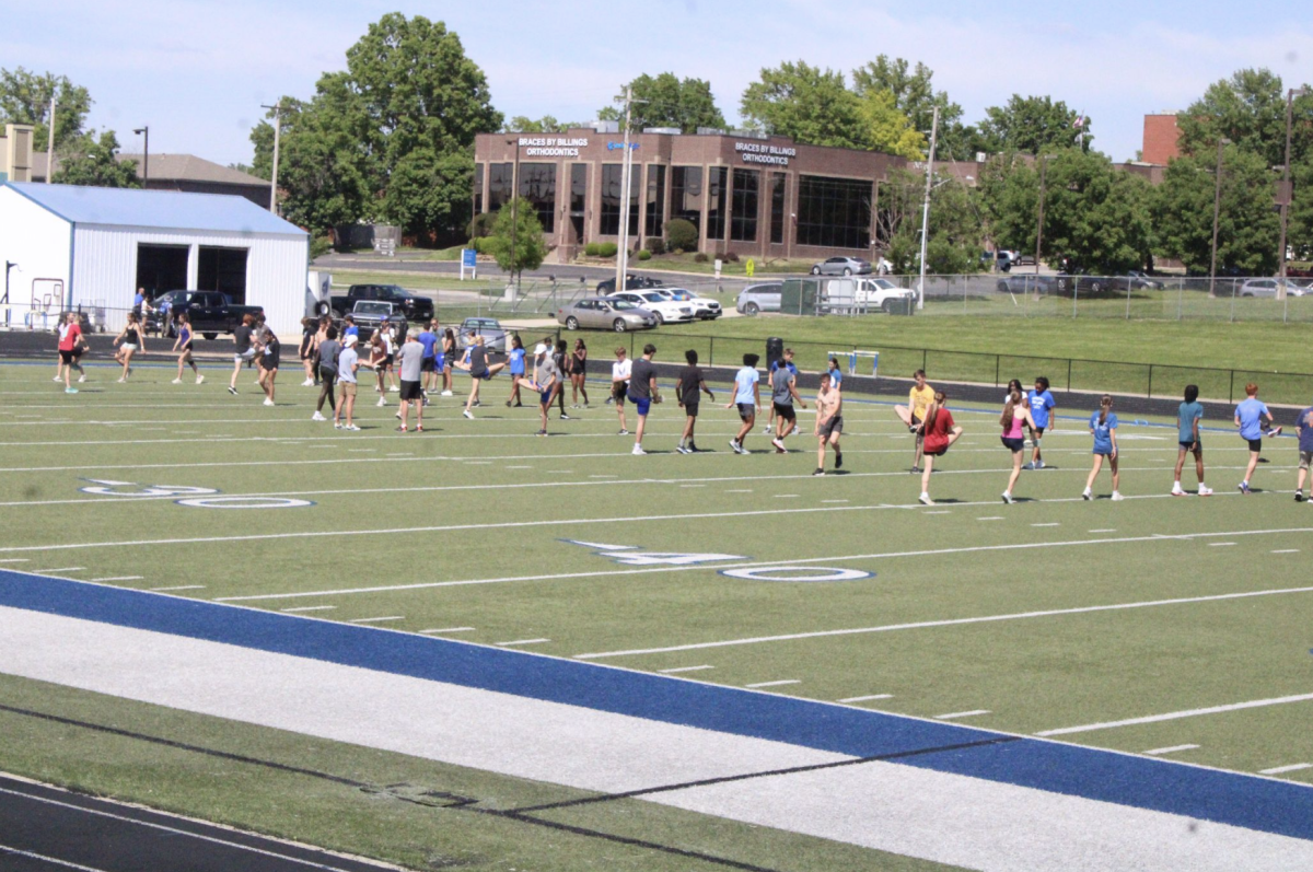 As some track athletes are advancing to districts, they are practicing harder and harder. Only a few of our track athletes qualified for districts.  As freshman Hayden Hill said, “I've never been here to compete, so it's super exciting to finally be here and be able to compete with some good athletes as a freshman.”   Photo by Tyler Hollinberger
